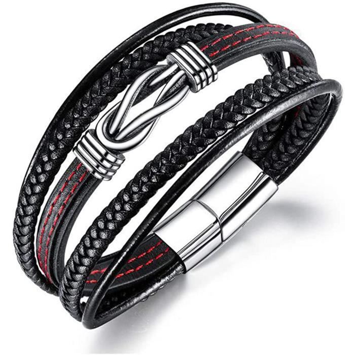 YINETTECH Bracelet en cuir de qualité avec plusieurs couches et fermoir en acier léger pour homme et femme Noir 78 cm