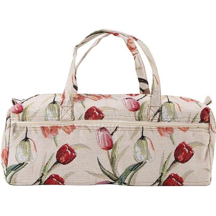 Sac De Rangement à Tricoter En Tissu Chanvre - Motif Fleurs - Dimensions 44x14x17 Cm - Pour Couture, Artisanat