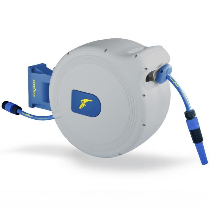 Enrouleur tuyau arrosage extensible 30m Devidoir Automatique 24 bar Orientable 180° Pistolet + Raccords GOODYEAR