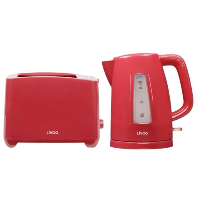 Bouilloire Electrique Rouge LIVOO 1.7L 2200W + Grille-Pain Toaster 750W 2 Fentes 23,2 - Pack