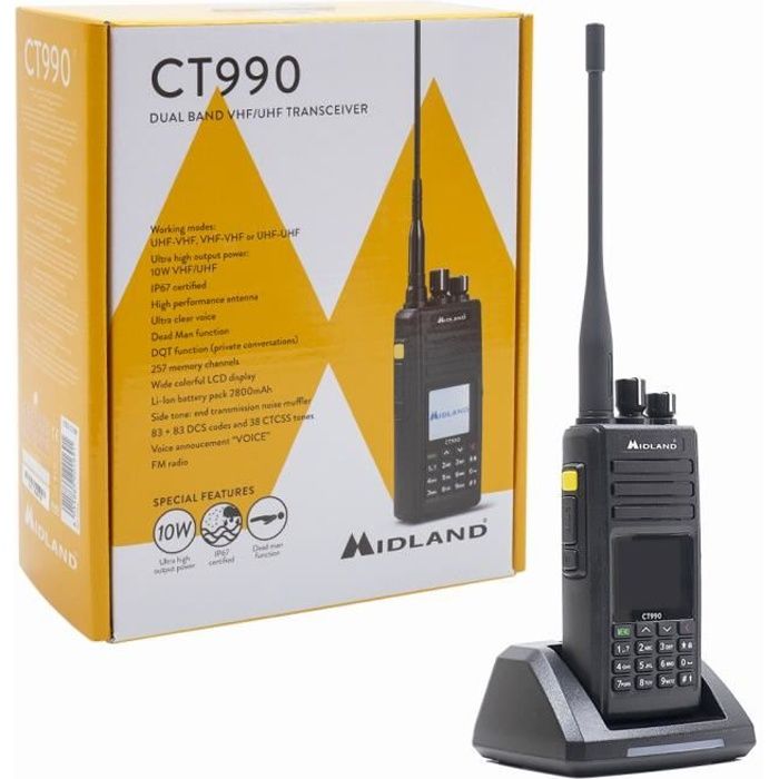 Radio PMR VHF/UHF Portable Midland CT990 Double Bande, 144-146 et 430-440 MHz, Code C1339