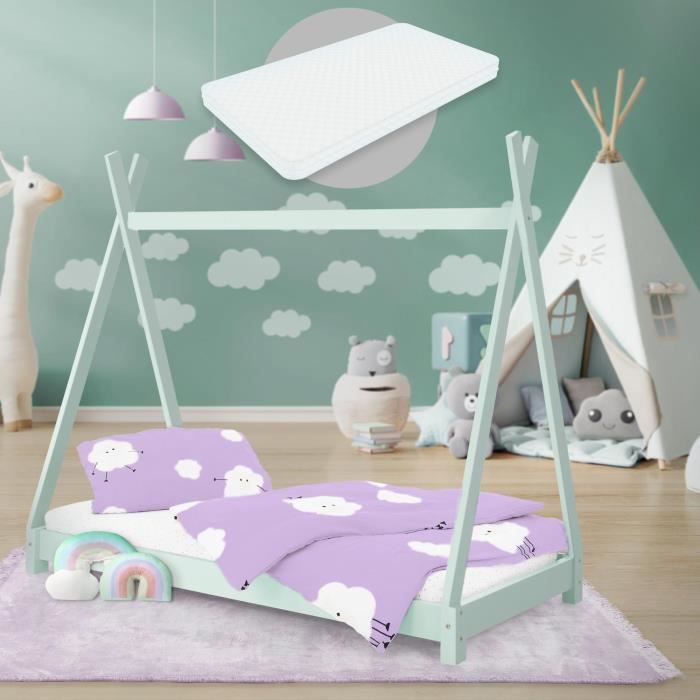 lit d'enfants tipi ml-design 80x160 cm - bois massif - menthe - lit tente indien
