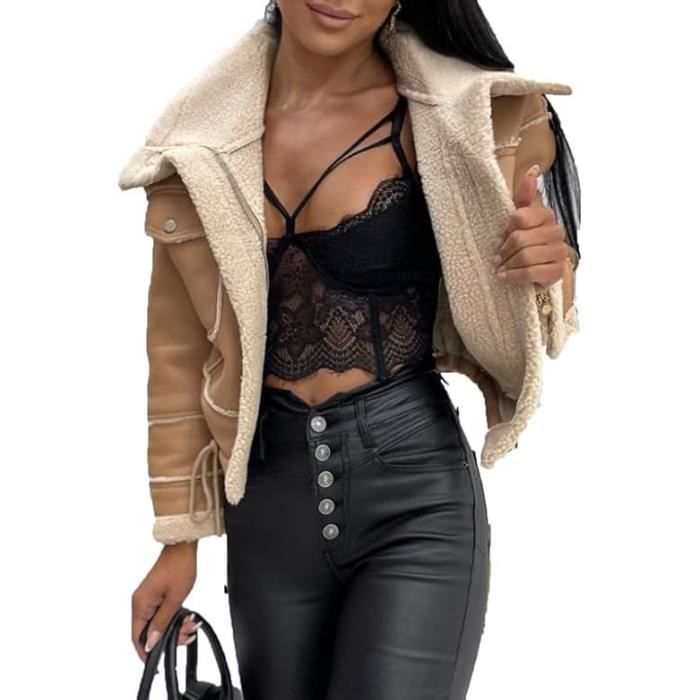 Blouson en fausse peau de mouton pour femme doublure Sherpa veste courte de Moto manteaux chauds d hiver en laine d agneau Kaki Cdiscount Pret a Porter