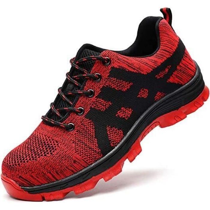 Chaussures de Securite Homme Femme Embout Acier Protection Leger Basket Securite de Travail Unisexes Rouge