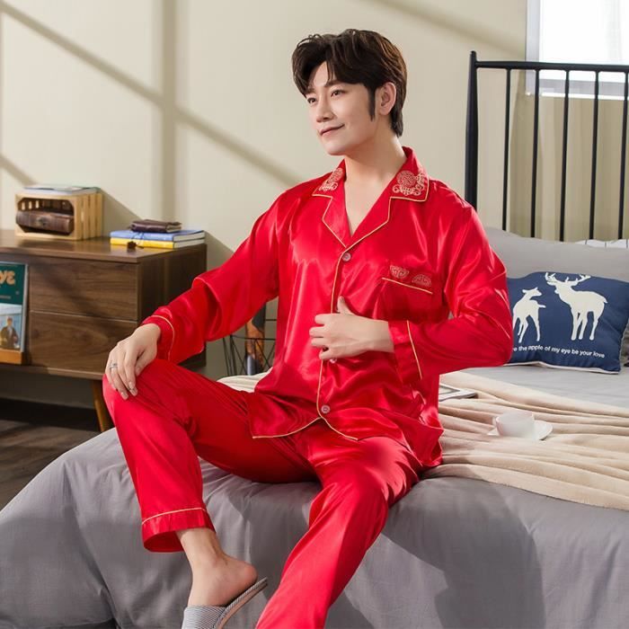 Rojeam Pyjama Deux Pièces En Satin De Soie Pour Homme Et Femme, Homme/Manches Longues A-Crème