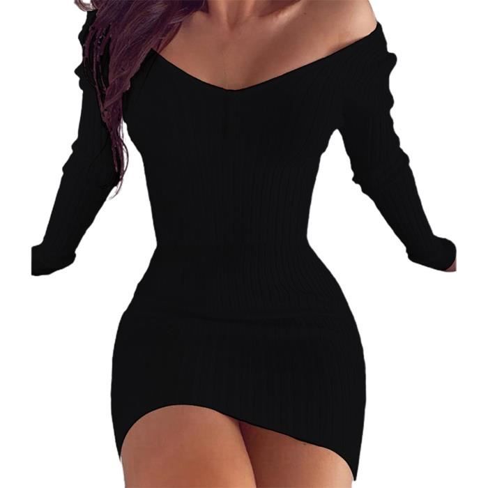 Sophia Robe élégante noire et blanche avec nœud | Robe moulante femme à épaules dénudées avec grand nœud dans le dos | Robe courte de fête, Noir , XS