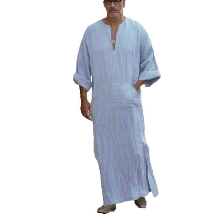 hommes djellaba en coton et lin couleur unie fente manches longues col v bleu