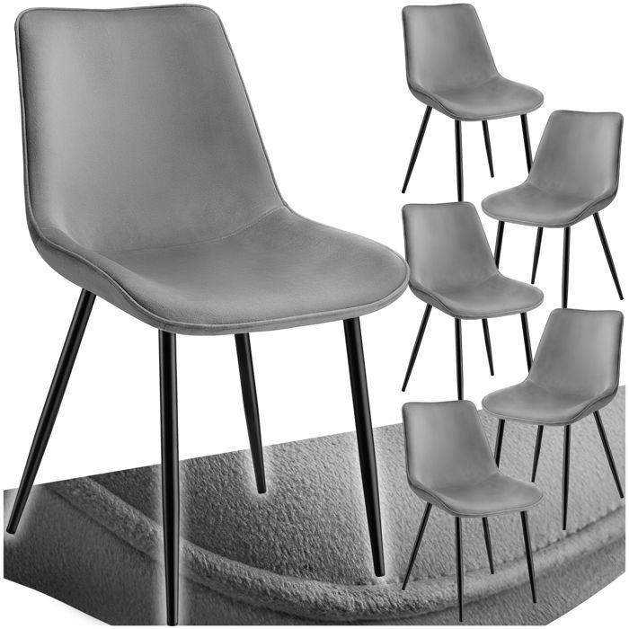 Chaise - TECTAKE - Lot de 6 fauteuils MONROE aspect velours et ergonomique pieds en acier noir 48 x 59 x 825 cm - Gris