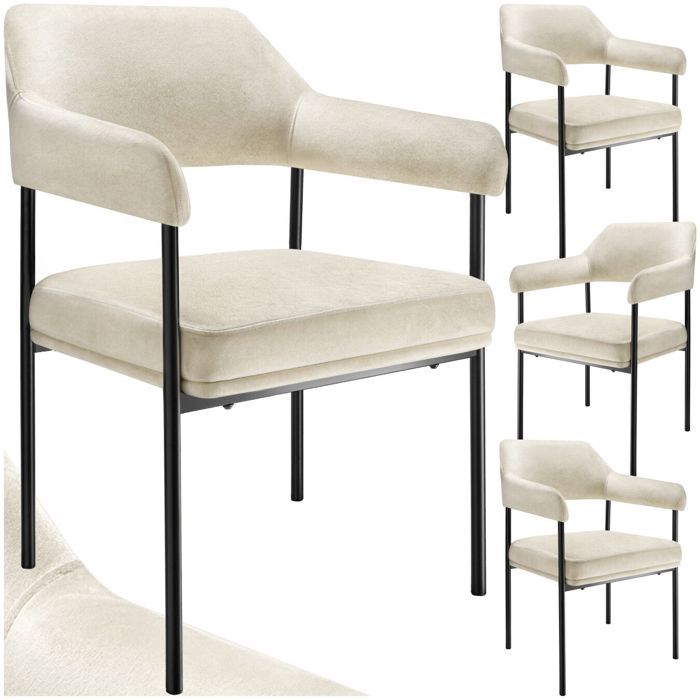 Chaise - TECTAKE - Lot de 4 fauteuils DOÉ aspect velours rembourré pieds en acier et dossier 58 x 62 x 85 cm - Blanc cassé