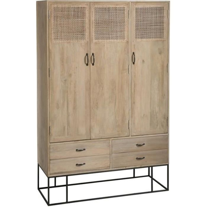 Armoire 3 Portes 4 Tiroirs En Rotin Bois Metal Dalia L 115 X L