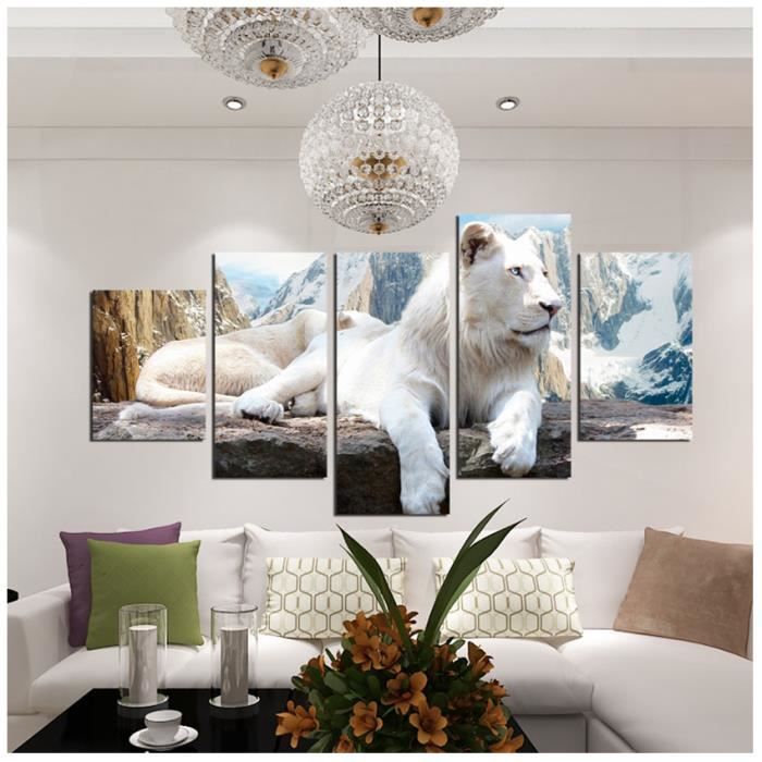 Sans Cadre Accueil Art Decoratif Peinture Peinture Murale Canevas A Jet D Encre Montagne Couverte De Neige Lion 5 Panneau Achat Vente Tableau Toile Cdiscount