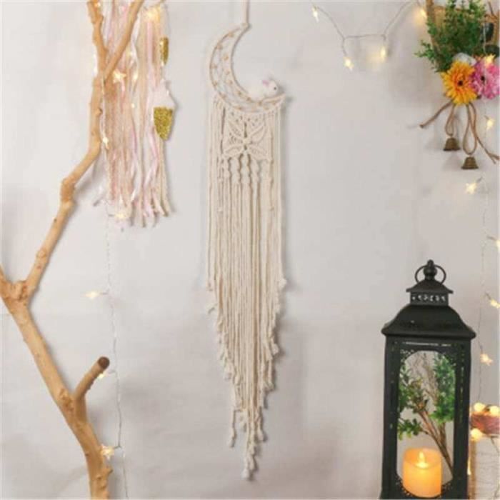 Décoration Murale Macramé Rixotix - Style Bohème Avec Perles En Bois Et Feuilles Vertes - Dimensions 40x90 Cm - Faite Main En Coton