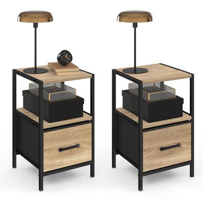 Lot De 2 Tables De Chevet EDHEN - Cannage Et Bois Naturel - 1 Porte, étagère Intérieure - 40x30x50 Cm