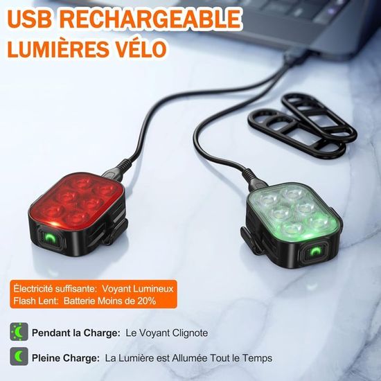 Kit éclairage Vélo Avant/arrière Rechargeable USB - 4 Feux LED Puissants, étanches IPX5 - 4/6 Modes - 4
