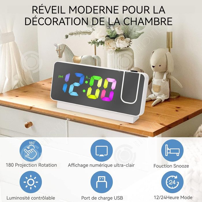 Réveil Projecteur Plafond – Heure Et Température Projetées, Grand écran LED 7,9 Pouces, 4 Niveaux De Luminosité, Mode Nuit