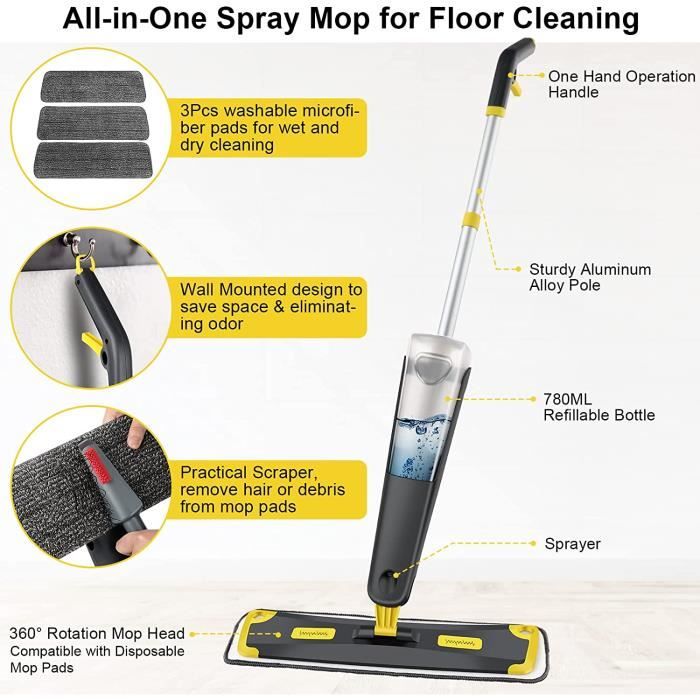 Balai Vapeur Avec Spray – Réservoir 500 Ml – 3 Tampons Microfibre Lavables – Tête Pivotante 360° – Pour Sols Durs Et Carrelage