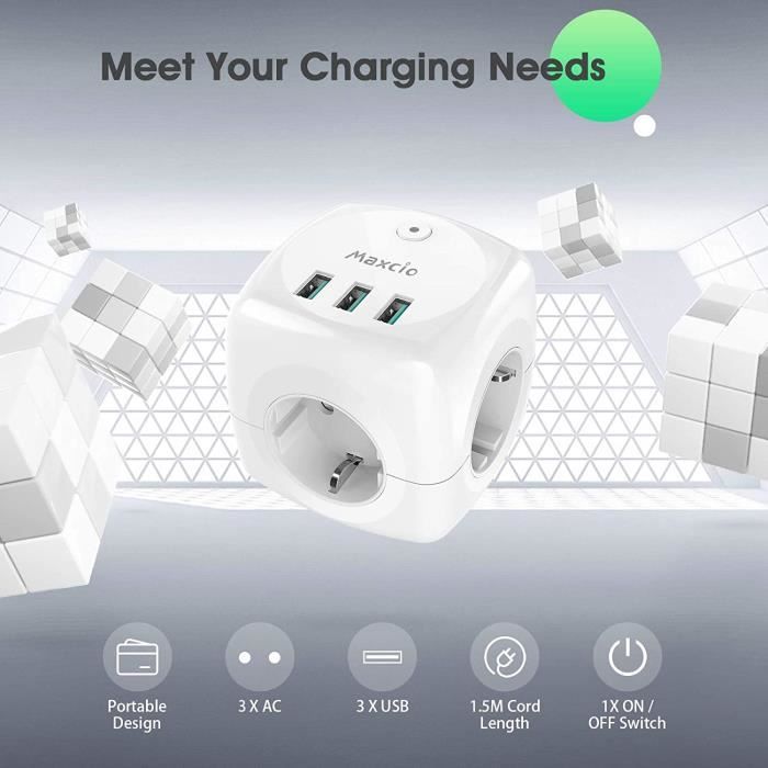 Mini Multiprise Mini Multiprise USB Cube,Maxcio Bloc Multiprise 3 Prises et 3 Ports USB ...