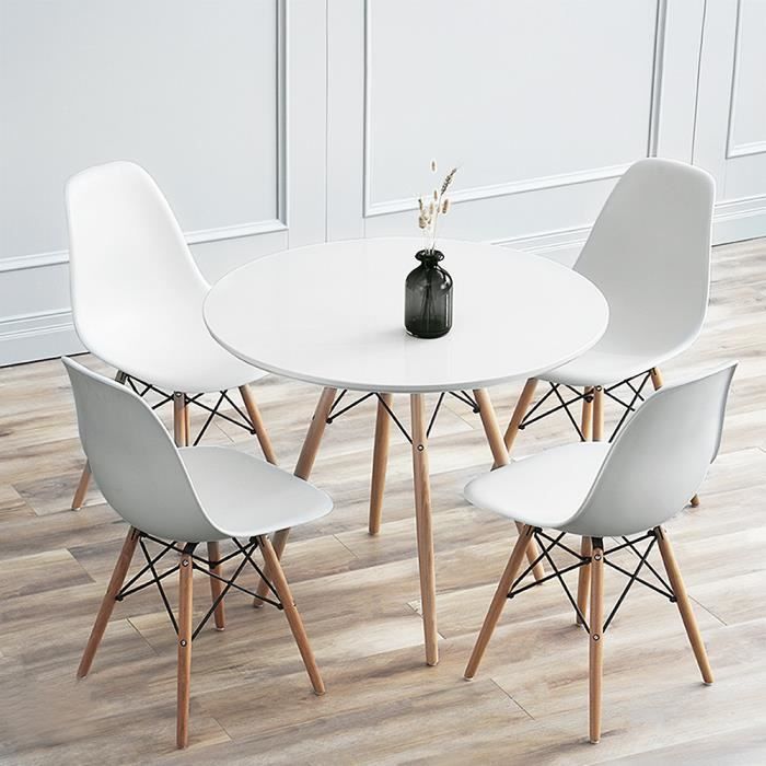 Set Table & 4 Chaises Salle à Manger - Style Scandinave - Blanc