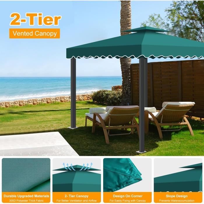 Toile De Rechange Tonnelle 3x3m 2 Couches - Imperméable UV Protection Ventilation - Pour Pavillon Jardin