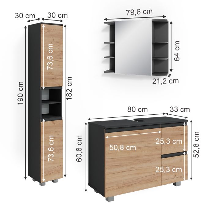 Meubles bain Arla anthracite/chêne 2 pièces Vicco | anthracite/chêne