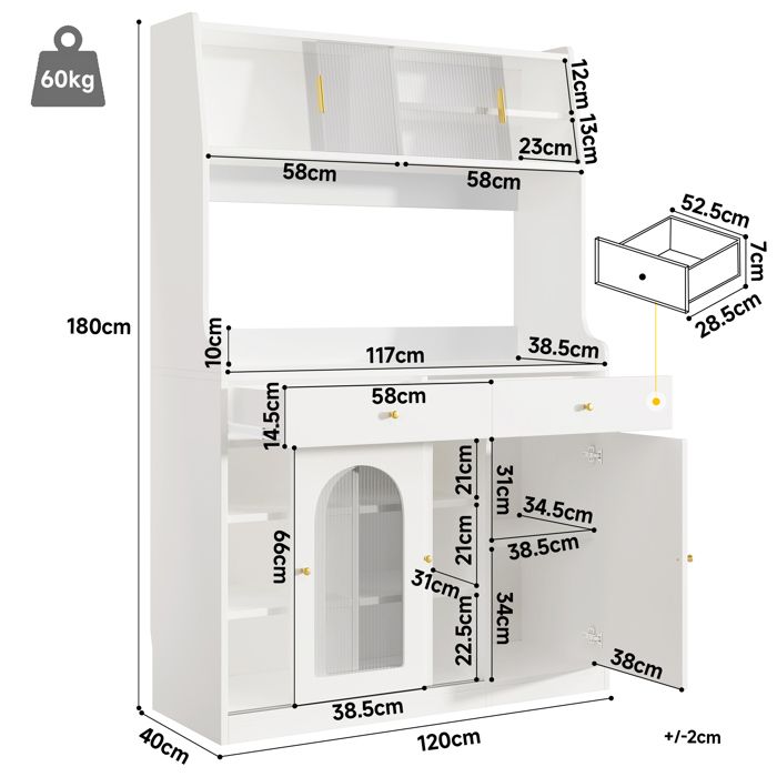 Armoire Cuisine/vaisselier Avec Prises électriques - Blanc - 100 X 40 X 180 Cm - Plans De Travail, Tiroirs, étagères Réglables - Pour Cuisine, Salon, Bureau