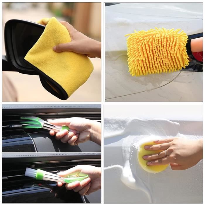 Kit Nettoyage Voiture Complet 10 Pièces - 8 Chiffons Microfibre, Brosse Pneus, Gants Lavage & Sac Rangement | Propreté Intérieur & Extérieur