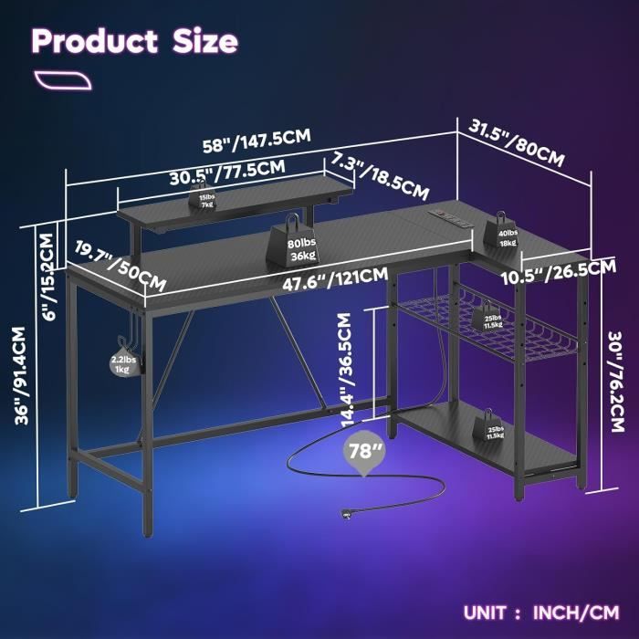 Bureau D'angle Gaming 120 Cm Avec LED Et Prises - Noir