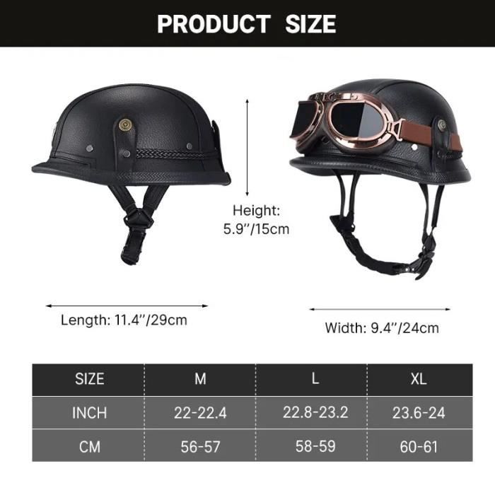 Casque Moto Vintage En Cuir - Lunettes Incluses - Taille Réglable 54-60cm - Style Rétro - Argent