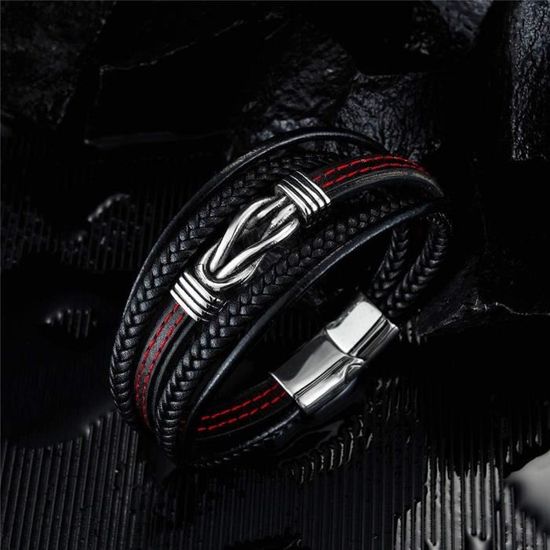 YINETTECH Bracelet en cuir de qualité avec plusieurs couches et fermoir en acier léger pour homme et femme Noir 78 cm