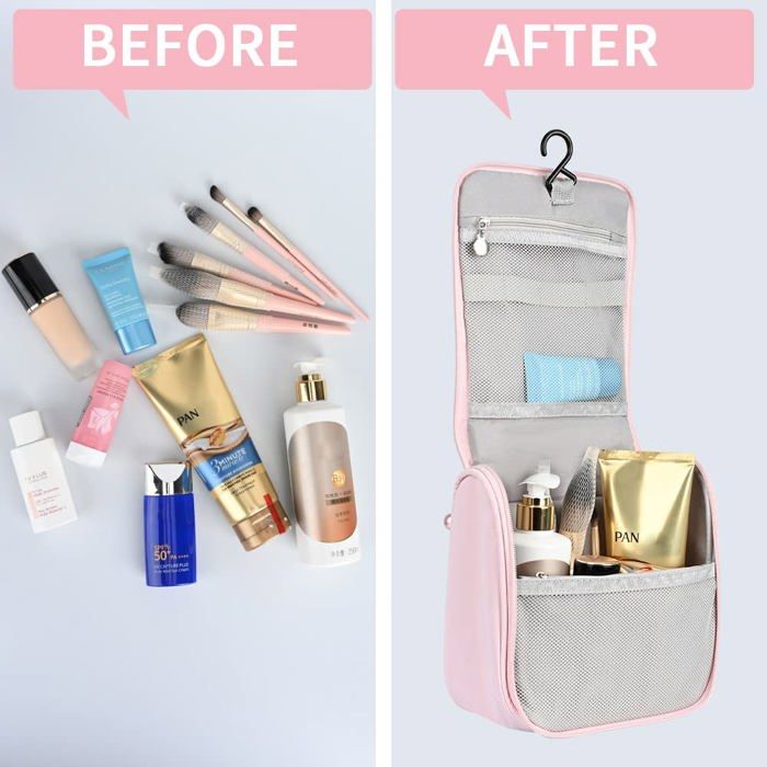 Trousse De Maquillage Portable De Voyage Pour Sac à Main, Pochette De Beauté à Fermeture éclair, Trousse De Toilette Pour Femme, Rose Pâle Et Blanc, Moderne