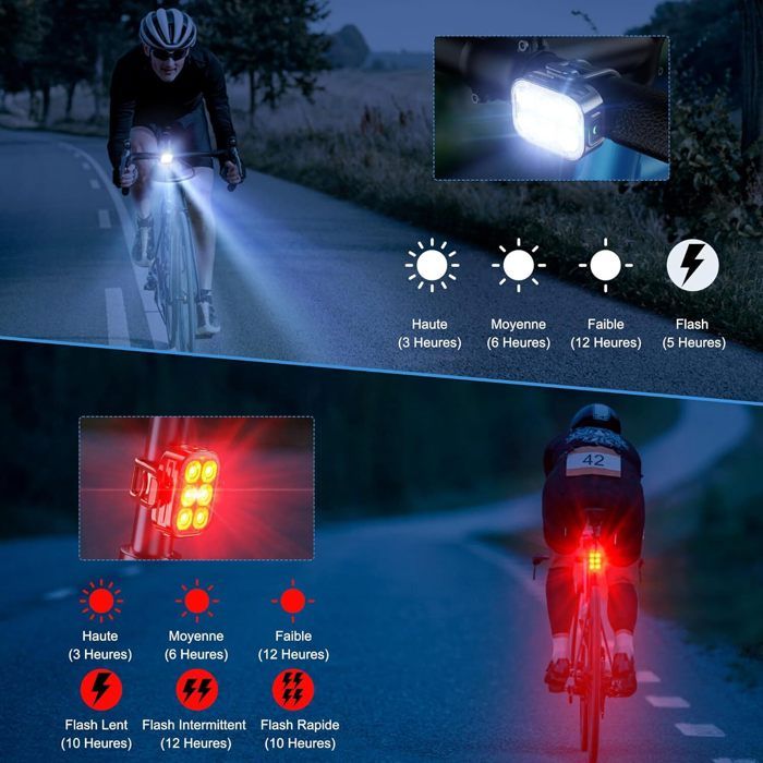 Kit éclairage Vélo Avant/arrière Rechargeable USB - Phare 200 Lumens, Feu 50 Lumens, étanche IPX5, 4+6 Modes, Autonomie Jusqu'à 10h
