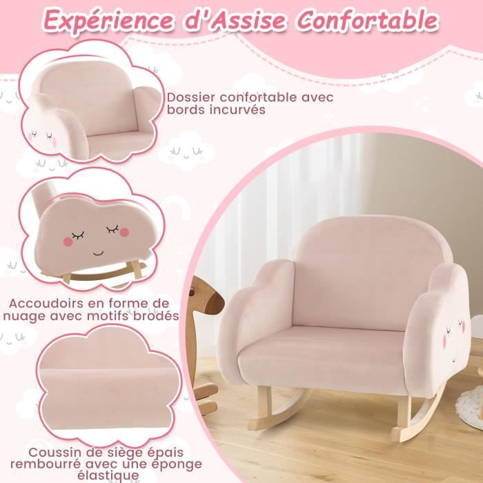 Fauteuil à Bascule Enfant Velours Rose - Pour 18 Mois à 5 Ans, Capacité 50kg, Bois Massif, Antidérapant - Style Emoji Mignon