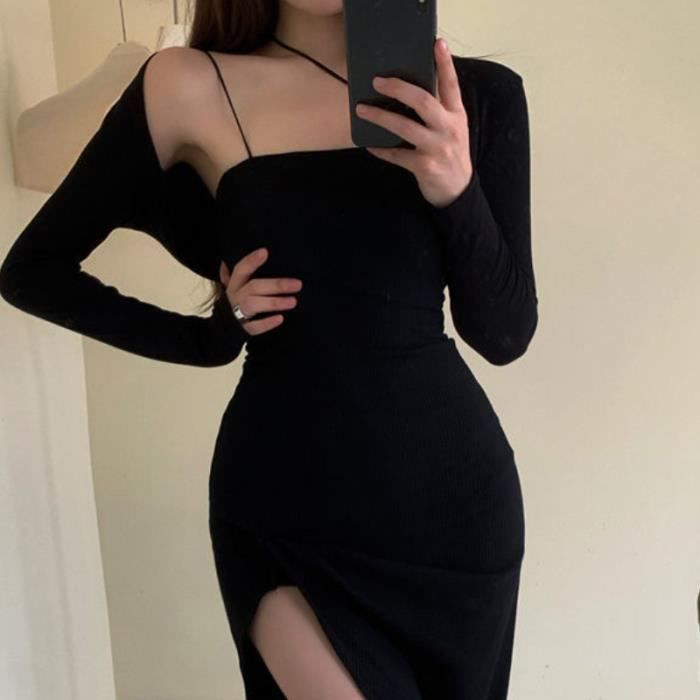 Robe Ensemble 2 pi ces noir pour femmes tenue Slim Sexy fente