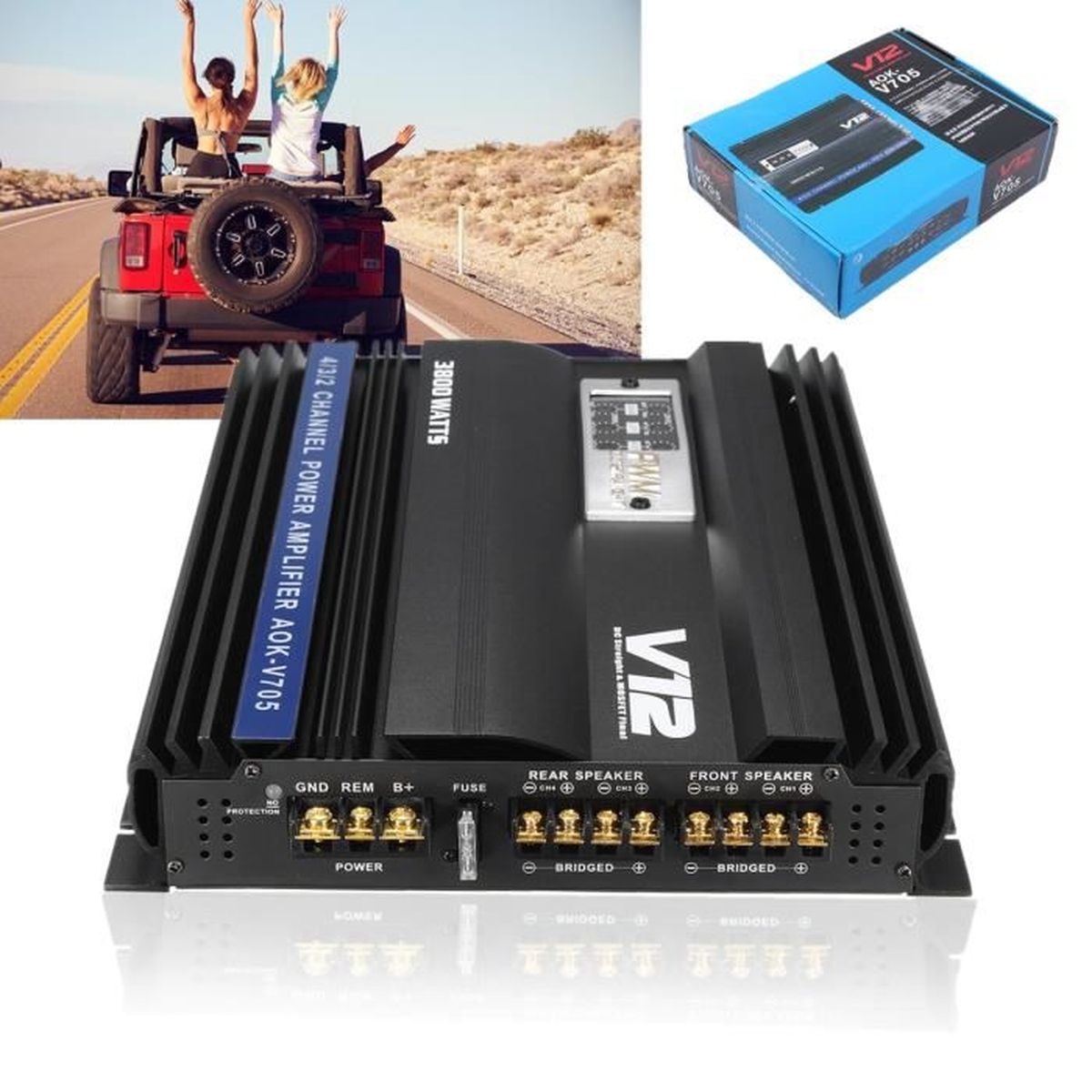 Aluminium 3800W 12V RMS Voiture 4 Canaux Audio Stereo Amplificateur