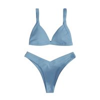 Bleu Maillot de bain brésilien pour femmes, ensemble deux pièces, couleur unie, Style marin, imprimé, bas, 4