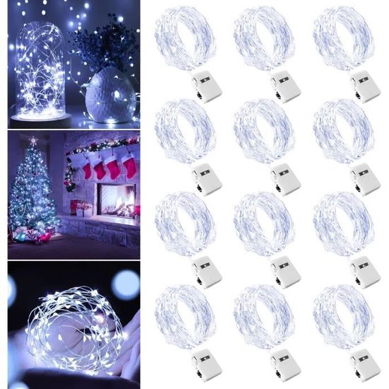 Lot de 12 Mini Guirlande LED à Pile - Blanc Chaud 2M 20LED 3 Modes - IP65  Étanche, Décoration pour Chambre, Mariage, Fête, Noël - Cdiscount Maison
