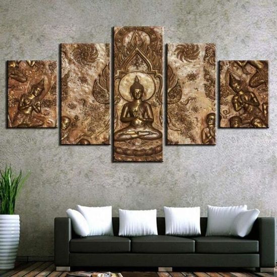 5 Décoration de Panneau Gold Buddha Chakra 5 Parties Tableau Tableaux Decoration Murale Photo Image Artistique 150x80cm[2395]