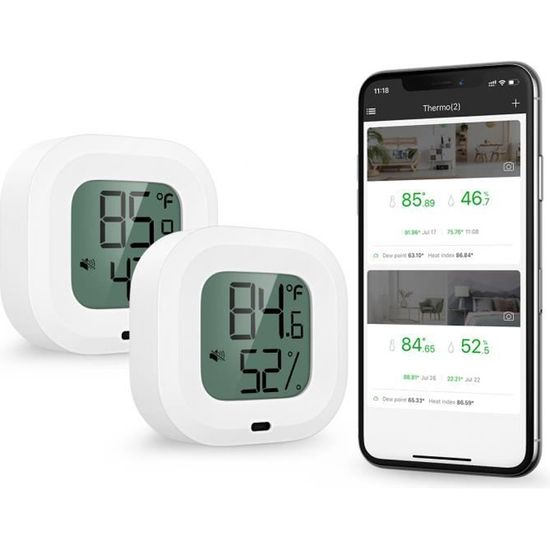 2pcs Thermomètre hygromètre, station météo sans fil Bluetooth, Mini Bluetooth Temp Humidity Monitor with Data Export for iOS