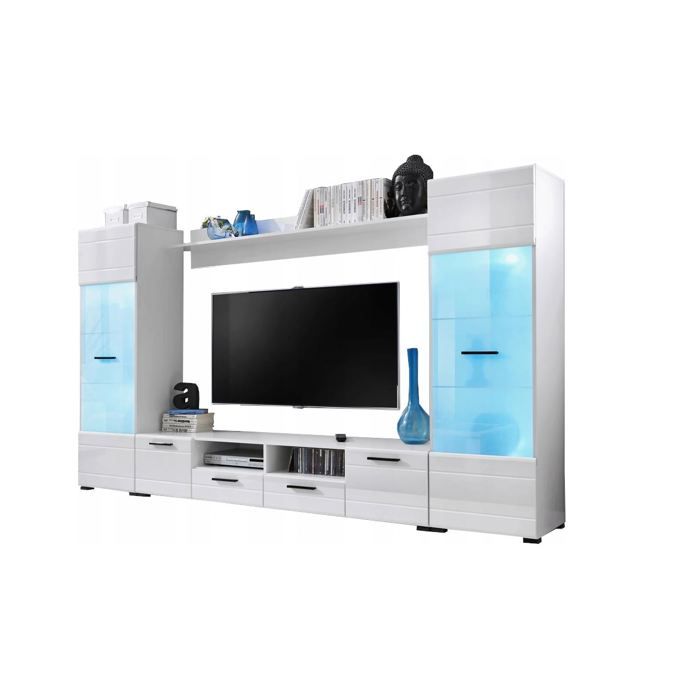 Meubles Switch 260 cm BLANC laqué avec vitrines LED multicolore