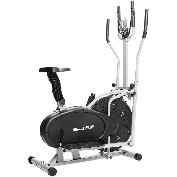 ISE Vélo Elliptique et Vélo d'Appartement 2 en 1,Cross Trainer avec Siège, Cardio Training avec Pulsomètre & Écran LCD, Max. 120KG,