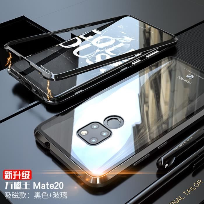 Coque Huawei Mate 20 Cadre métallique antichoc,Verre trempé +Cadre magnétique etui Pour Huawei Mate 20 - Noir