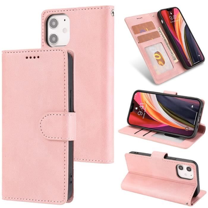 Coque iPhone 12 Mini, Silicone Fente de Cartes Cuir Ultra-fin Support Fermeture Magnétique Antichoc, Rose
