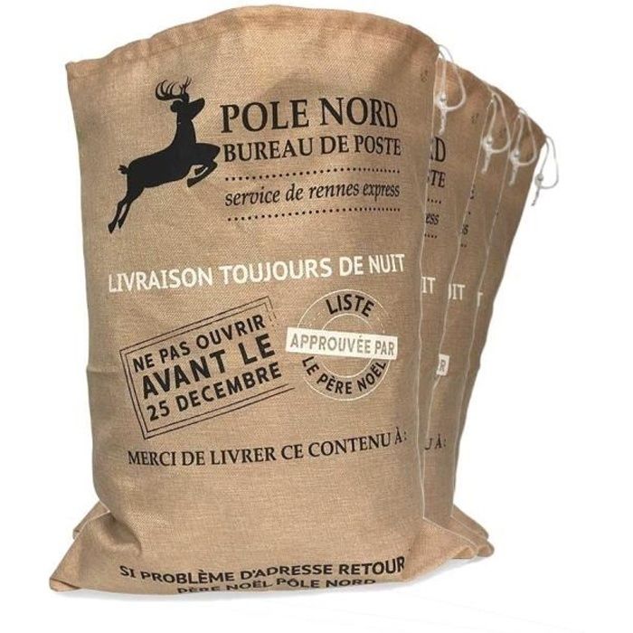 Lot de 4 hottes du Père Noël effet toile de jute naturelle