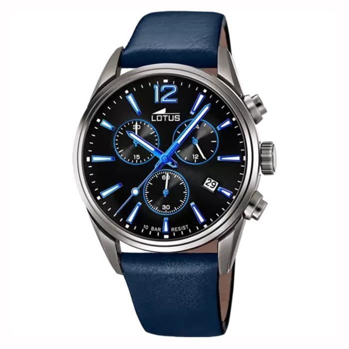 Bracelet cuir et tissu homme - Lotus - Montre Lotus fond noir cuir bleu - Couleur de la matière:Noir