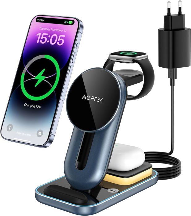 AGPTEK 4 EN 1 Mag-Safe Station de Charge sans Fil Universel Rapide avec Veilleuse Adaptateur pour iPhone Samsung Apple Watch AGPTEK 4 EN 1 Mag-Safe Station de Charge sans Fil Universel Rapide avec Veilleuse Adaptateur pour iPhone Samsung Apple Watch