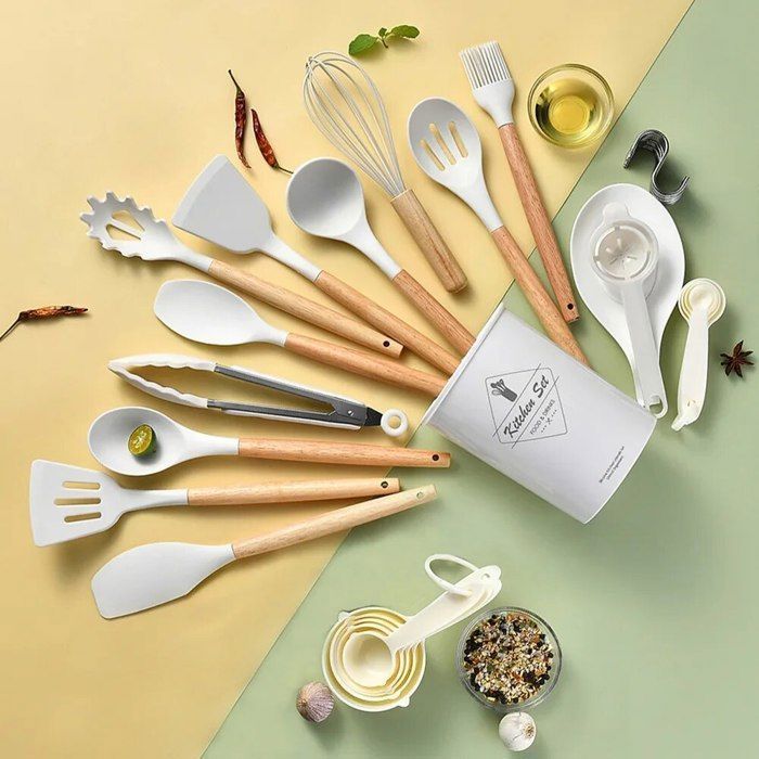 Ensemble D'ustensiles De Cuisine Antiadhésifs Noirs En Silicone,manche En Bois,spatule,pelle