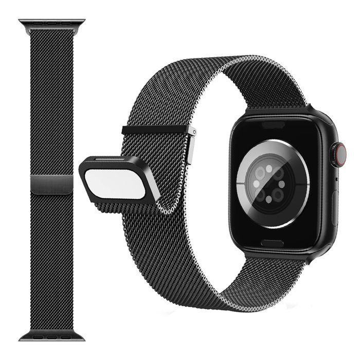 Bracelet Milanais Magnetic Noir en acier inoxydable compatible pour iWatch Serie 9 8 7 6 5 4 3 2 1 SE 42mm 44mm 45mm 49mm - Juanio