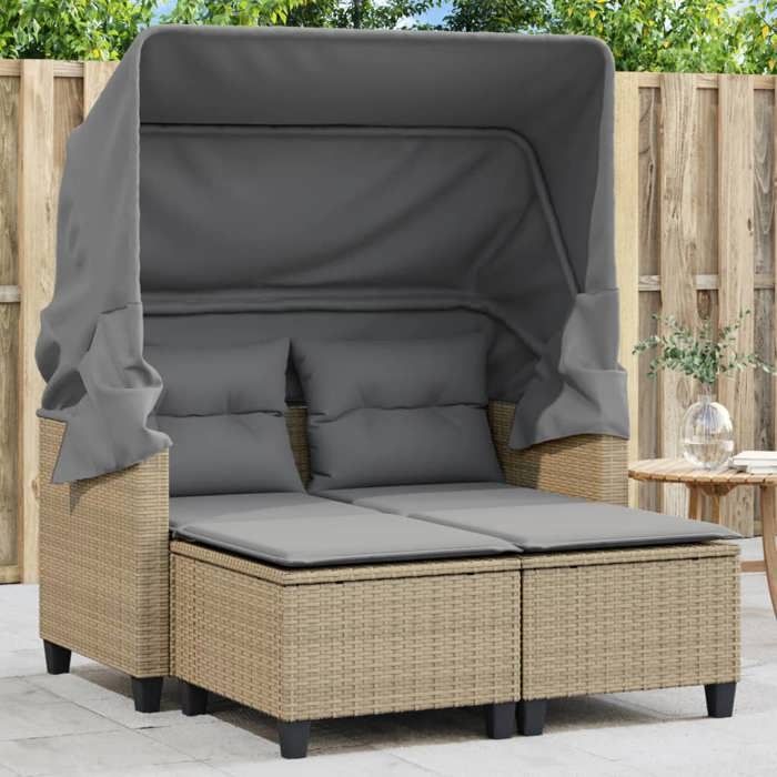 vidaXL Canapé de Jardin 2 Places avec Auvent et Tabourets Siège de Patio Meuble de Terrasse Balco Extérieur Beige Résine 365785