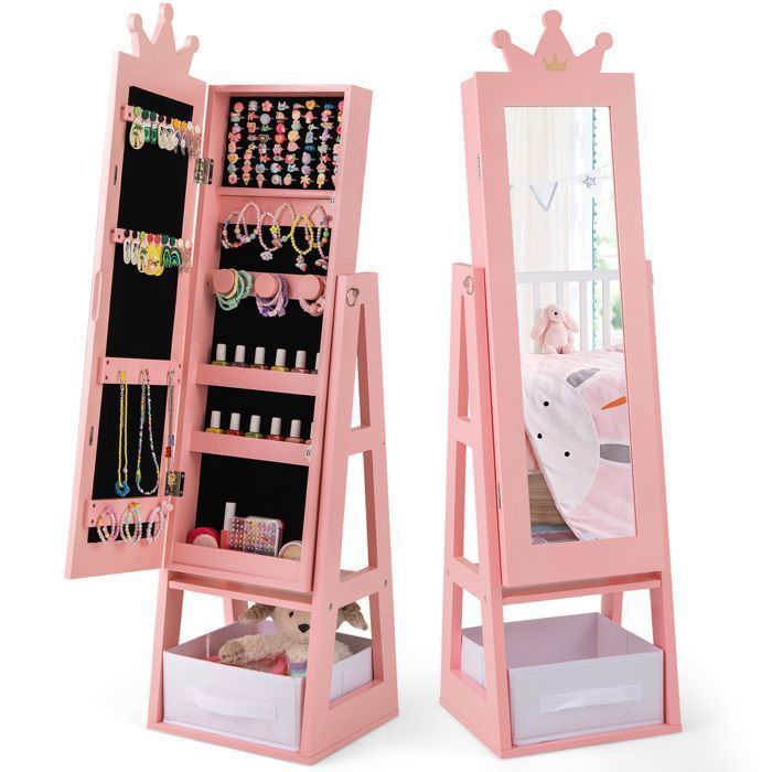 COSTWAY Armoire à Bijoux pour Enfants Miroir sur Pied avec Grande Capacité de Rangement Crochets Étagères et Tiroir Rose