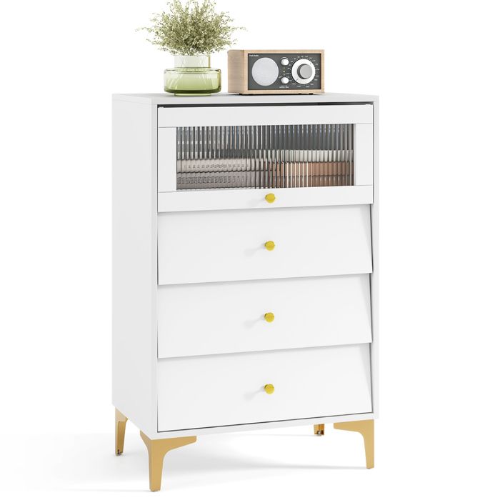 COSTWAY Commode Chambre avec Porte en Verre Strié Basculante et 4 Tiroirs Coulissants pour Chambre Salon60x40x955 cm Blanc